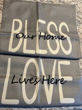 Gray Canvas Bless Our Home, Love Lives Here 17 x 17 Set of 2 pillow covers NWOT